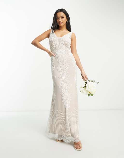 Frock and Frill Petite Bridal premium embellished v neck maxi dress in ivory