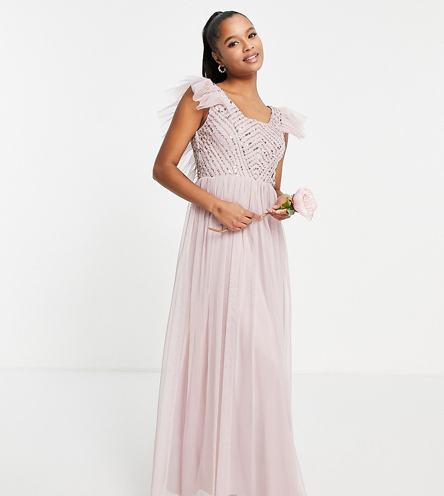 Frock And Frill Petite Bridesmaid Floaty Maxi Dress In Taupe-Pink