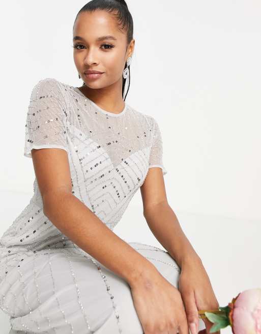 Frock and Frill Petite Bridesmaid short sleeve maxi dress with  embellishment in gray | ASOS