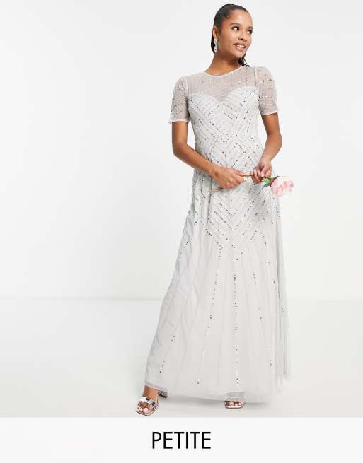 Frock And Frill Petite Bridesmaid – Szara sukienka maxi dla druhny z krótkim rękawem i zdobieniem