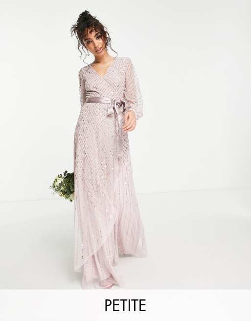 Frock and Frill Petite Bridesmaid – Szarobeżowa, kopertowa sukienka maxi