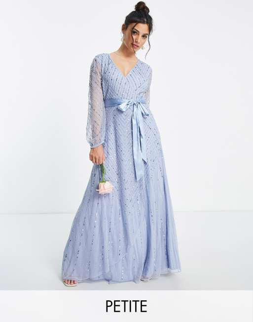 Frock and Frill Petite Bridesmaid wrap maxi dress in blue | ASOS