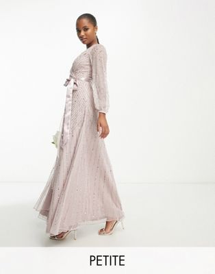 Frock and Frill Petite Bridesmaid wrap maxi dress in taupe-Pink