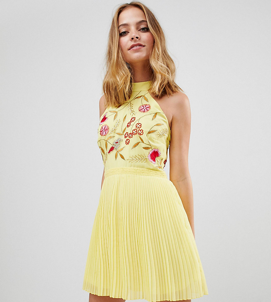Frock And Frill Petite Embroidered Top Pleated Mini Dress-Yellow