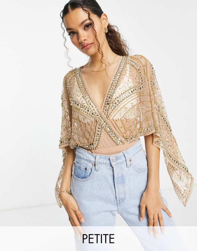 Frock and Frill Petite premium embellished kimono sleeve bodysuit in gold