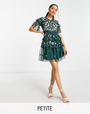 Frock and Frill Petite tiered mini dress with multi embellishment in dark green