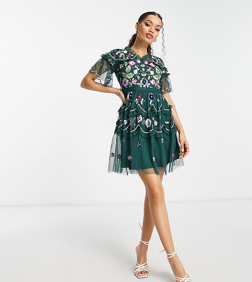 Frock and Frill Petite tiered mini dress with multi embellishment in dark green