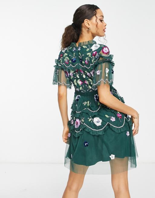 Frock and Frill Petite tiered mini dress with multi embellishment in dark green