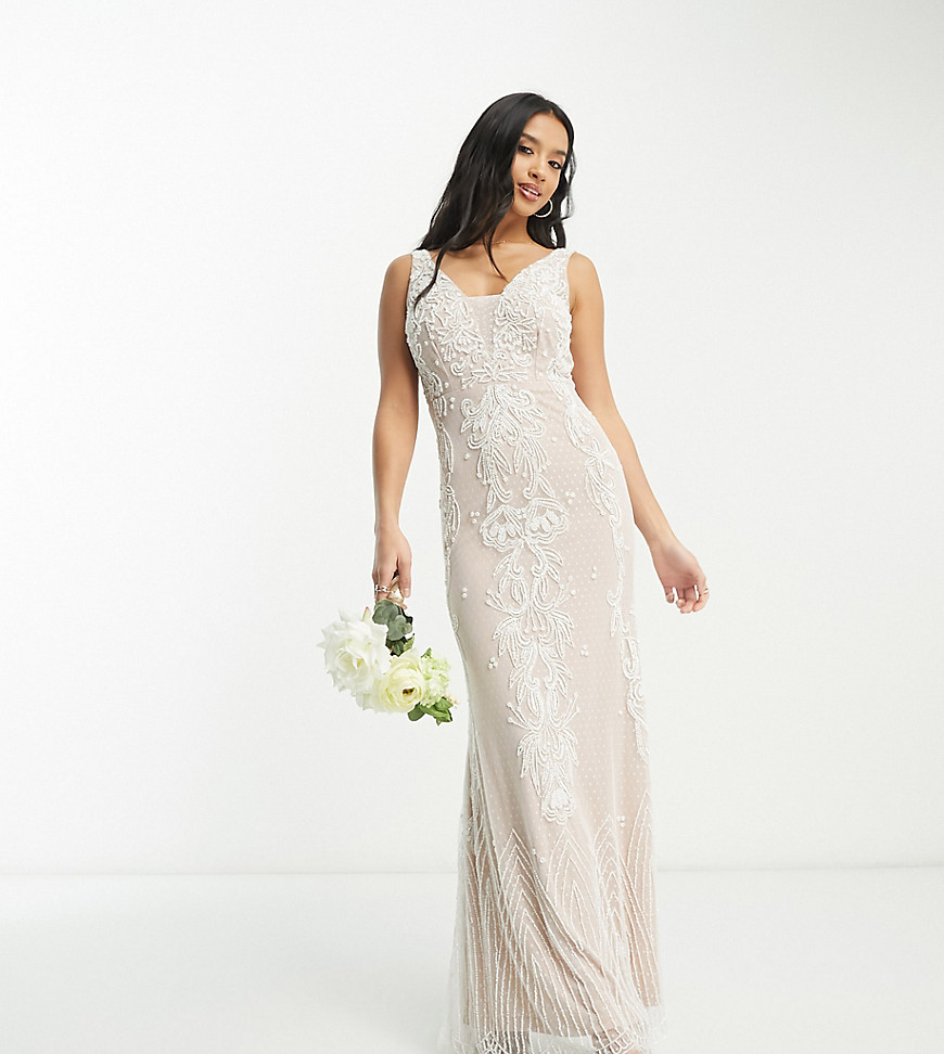 frock and frill petite - vestito lungo da sposa premium con scollo a v e decorazioni avorio-bianco