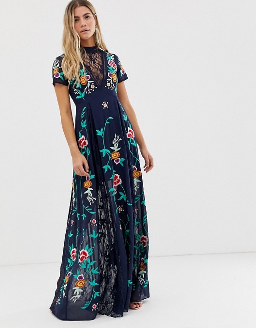 Frock And Frill plunge front embroidered maxi dress with lace inserts in navy