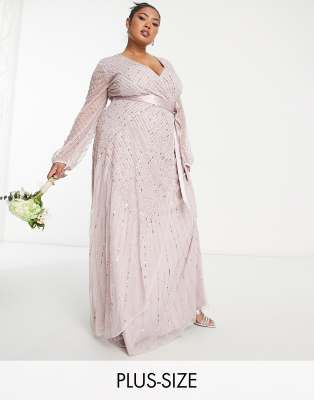 Frock and Frill Plus – Bridesmaid – Langes Brautjungfern-Wickelkleid in Taupe