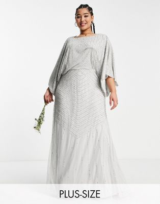 Frock and Frill Plus Bridesmaid maxi dress with exaggerated sleeves in grey