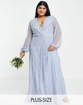 Frock and Frill Plus Bridesmaid plunge front maxi with embellishment in blue - ASOS Price Checker