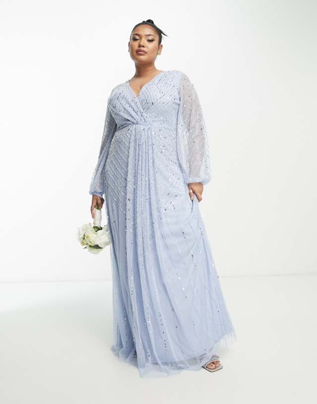 Frock and Frill Plus Bridesmaid plunge front maxi with embellishment in blue