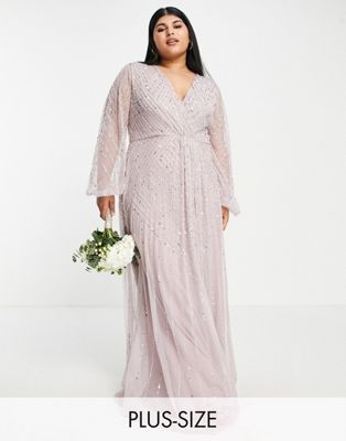 Frock and Frill Plus Bridesmaid plunge front maxi with embellishment in dusty mauve
