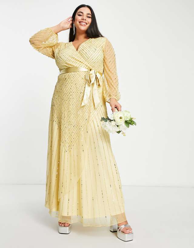 Frock and Frill Plus Bridesmaid wrap maxi dress in gold