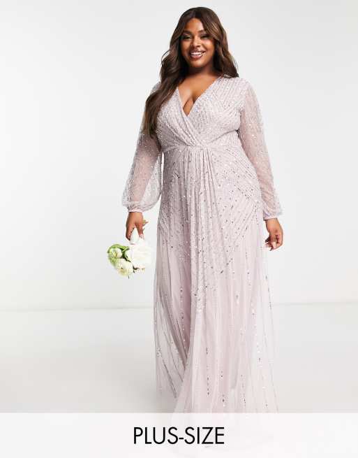 Frock And Frill Plus - Bruidsmeisjes - Diepuitgesneden lange jurk met versieringen in vaal mauve