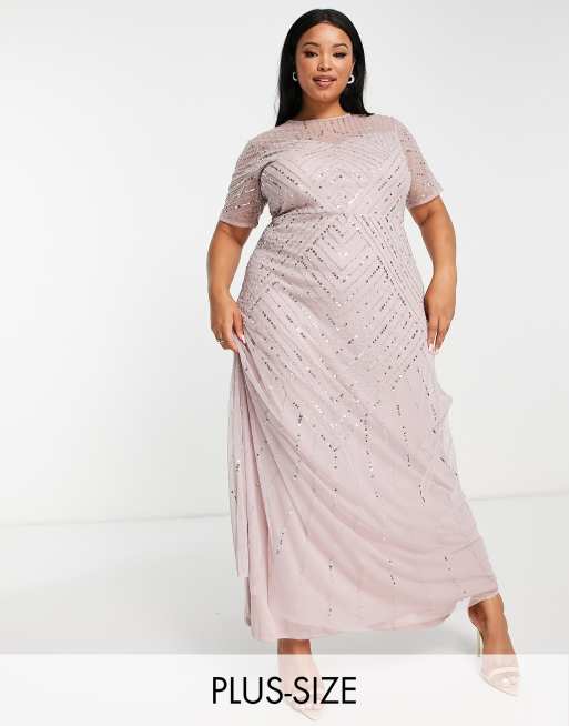 Frock and Frill Plus - Bruidsmeisjes - Maxi-jurk met korte mouwen en versiering in oud mauve