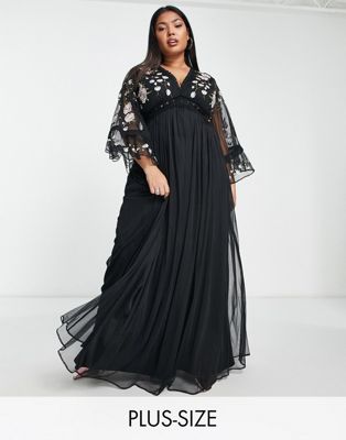 Frock and Frill Plus embroided maxi dress with lace detail in black