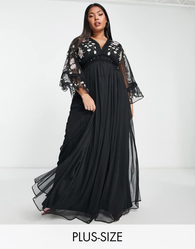 Frock and Frill Plus embroided maxi dress with lace detail in black