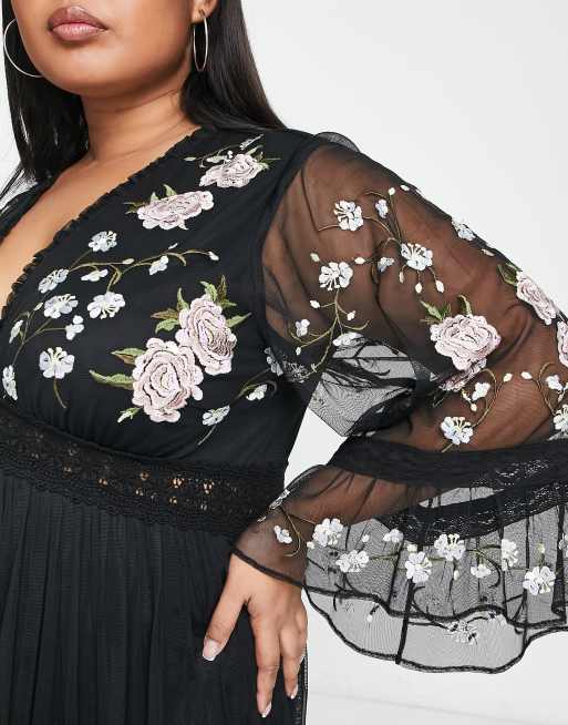 Frock and Frill Plus embroided maxi dress with lace detail in black | ASOS
