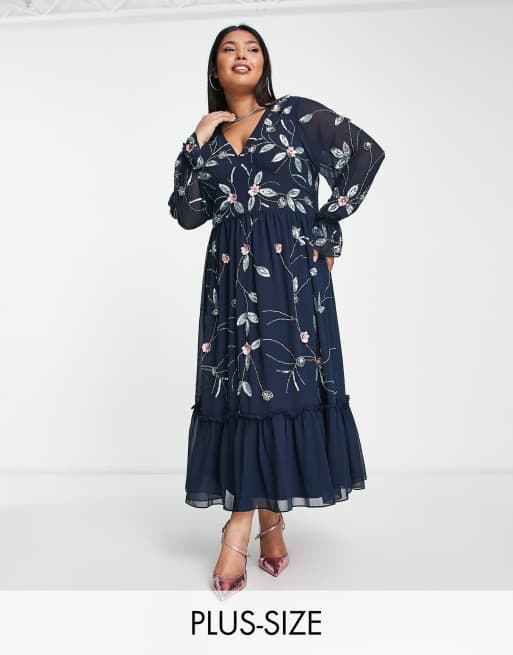 Frock And Frill Plus – Granatowa zdobiona sukienka midi wyszywana cekinami