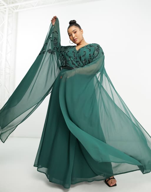 Frock and Frill Plus plunge fron maxi dress with cape detail in green