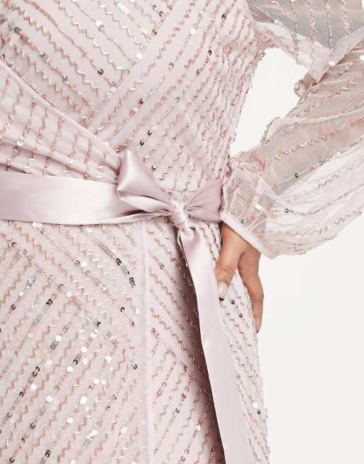 Frock and Frill Plus - Vestito lungo avvolgente da damigella color tortora, 3 di 4