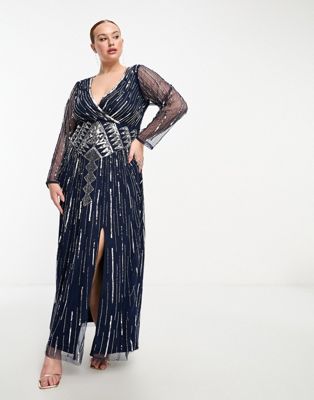 Frock and Frill Plus wrap front maxi dress in navy