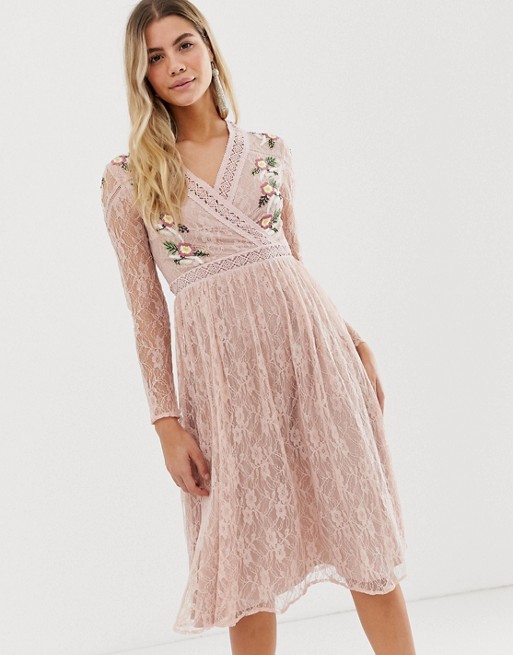 Frock And Frill prairie lace midi dress with embroidered wrap front in ...