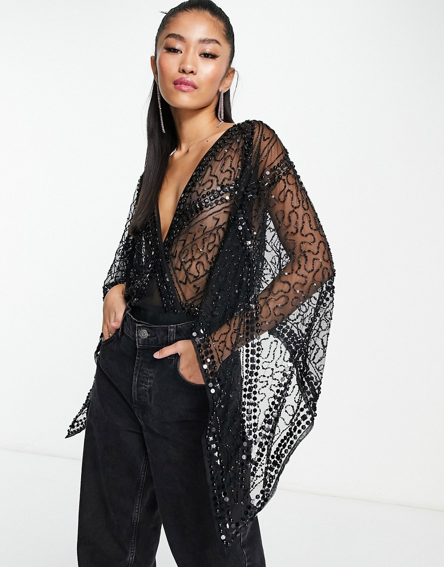 Frock and Frill premium embellished kimono sleeve bodysuit in black