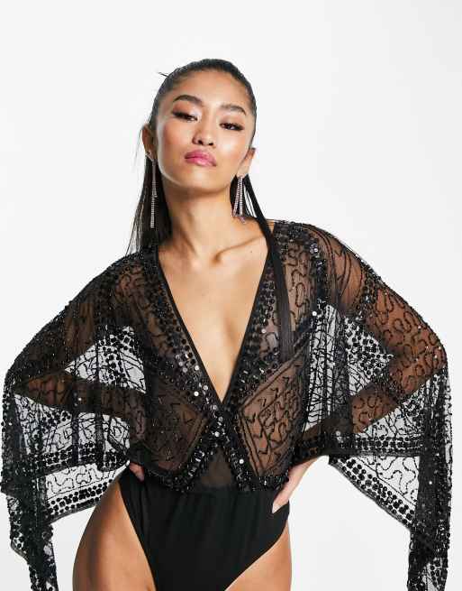 Frock and Frill Plus premium embellished kimono sleeve bodysuit in black