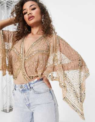 Frock and Frill Frock and Frill premium embellished kimono sleeve bodysuit in gold