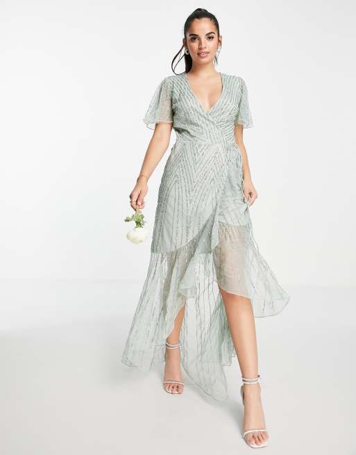 Frock and Frill - Robe cache-cœur longue de demoiselle d'honneur à ornements - Vert sauge