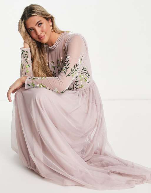 Frock And Frill - Robe longue de demoiselle d'honneur avec bustier ornementé et jupe plissée - Mauve cendré