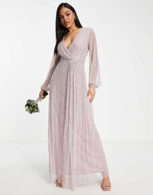 Frock And Frill - Robe longue ornementée de demoiselle d'honneur à décolleté plongeant - Mauve poudré