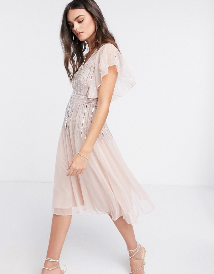 Product photo of Frock and frill scattered sequin midi skater dress with angel sleeve in blush - pink