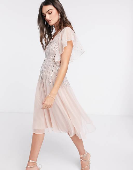 Frock and Frill scattered sequin midi skater dress with angel sleeve in blush | ASOS