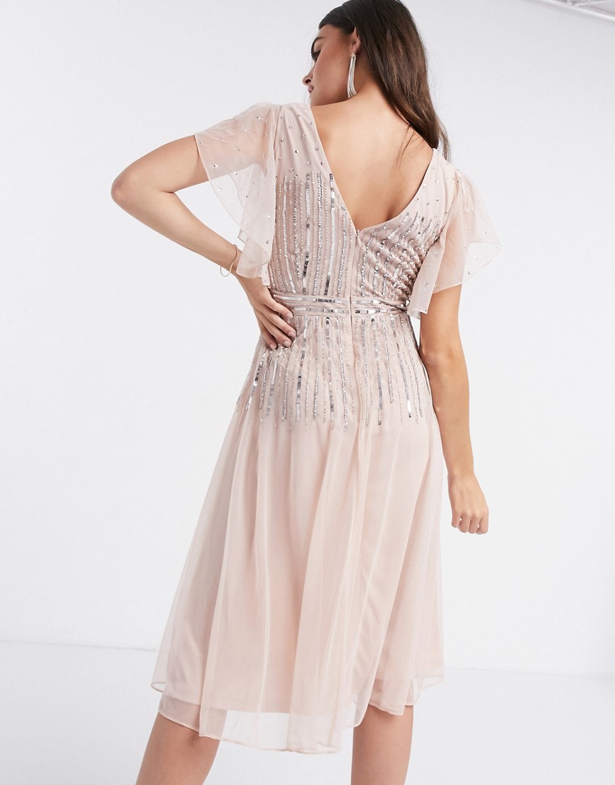 Alternative product photo of Frock and frill scattered sequin midi skater dress with angel sleeve in blush - pink