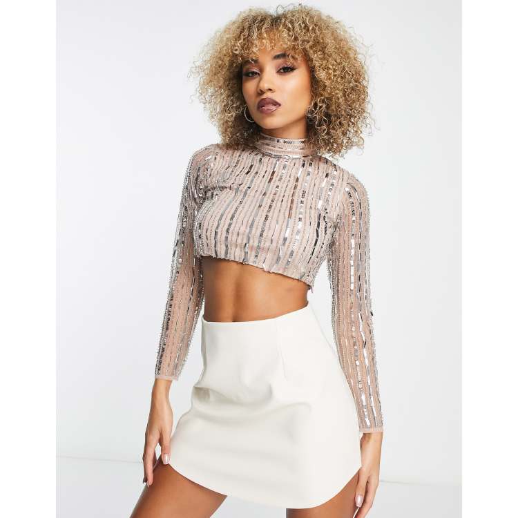 Sequin Stripes Knit Crop Top - Women - Ready-to-Wear