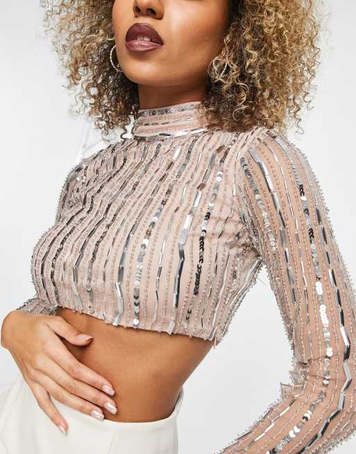 Frock and Frill sequin crop top in silver