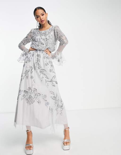 Frock and Frill – Szara sukienka midaxi zdobiona na całej powierzchni 