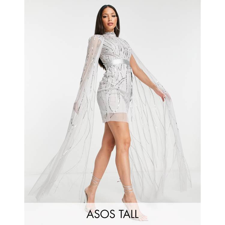 Frock and Frill Tall allover embellished mini dress with cape detail in  silver gray