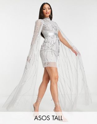 Frock and Frill Tall allover embellished mini dress with cape detail in silver grey