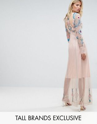 Frock And Frill – Tall – Blombroderad maxiklänning i meshtyg med öppen rygg-Rosa