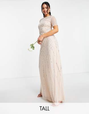 Frock and Frill Tall Bridesmaid short sleeve maxi dress with embellishment in blush - ASOS Price Checker