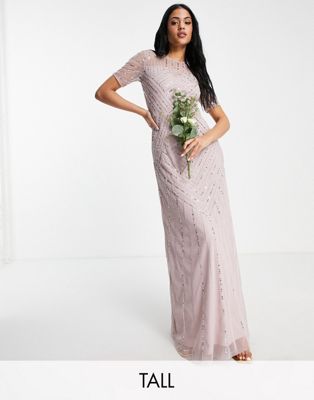 Frock and Frill Tall Bridesmaid short sleeve maxi dress with embellishment in dusty mauve