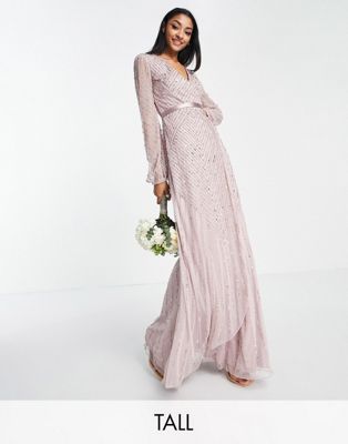 Frock and Frill Tall Bridesmaid wrap maxi dress in taupe