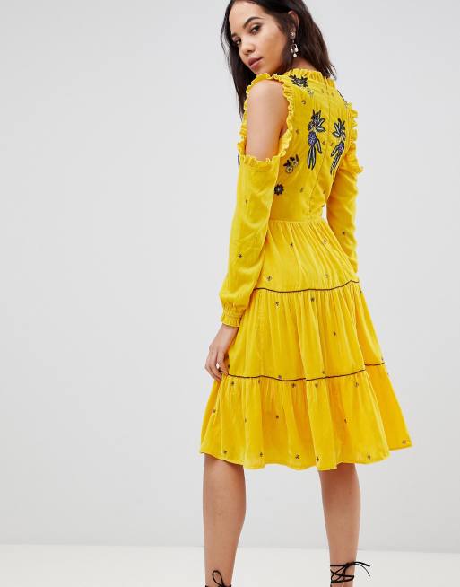 Frock And Frill Tall Cold Shoulder Velvet Smock Dress With Floral