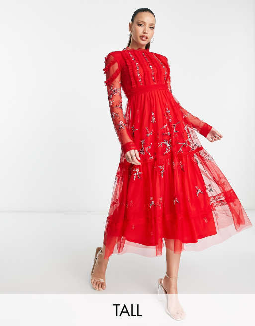 Frock and Frill Tall – Czerwona sukienka midi ze zdobieniem